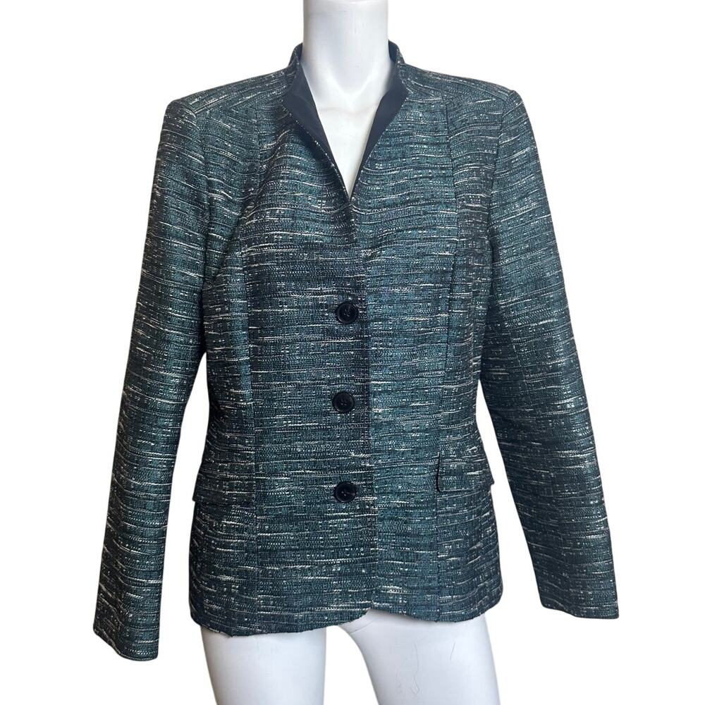 Lafayette 148 New York Tweed Blazer Teal Metallic Size 14 Runs Small - Picture 2 of 10